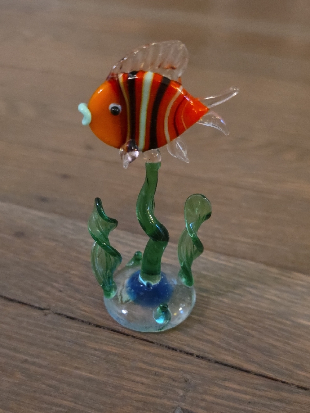 Tropical Orange Striped Glass Fish Figurine with Green Seaweed Stand  3.5 " Tall
